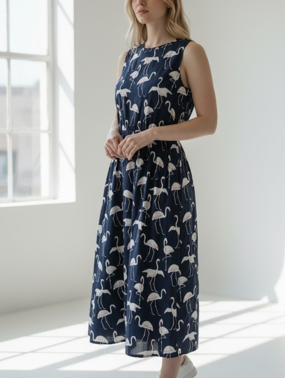 Navy Flamingo Print Sleeveless Midi Dress